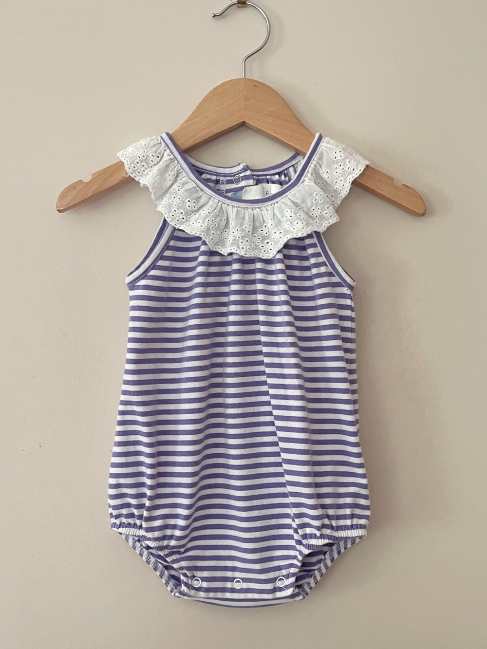 THREE SISTERS EUC Lavender Striped Lace Eyelet Ruffle Collar Summer Bubble